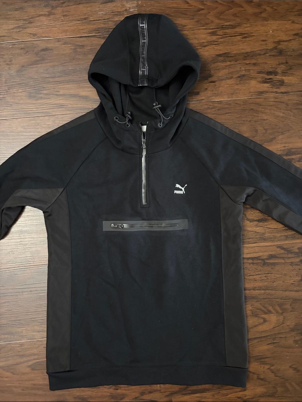 Puma Black Hooded Half-Zip Pullover with Front Zip Pocket